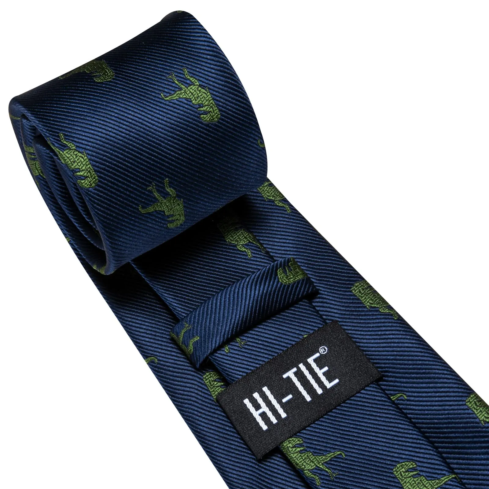 Hi-Tie Deep Blue Green Dinosaur Novelty Silk Mens Tie Pocket Square Cufflinks Set