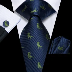 Hi-Tie Deep Blue Green Dinosaur Novelty Silk Mens Tie Pocket Square Cufflinks Set