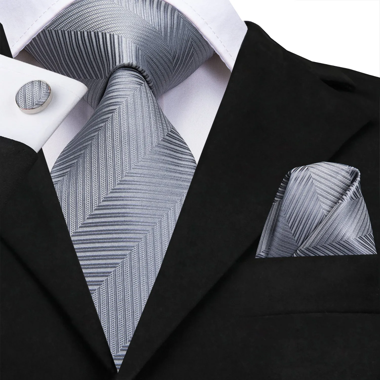 Hi-Tie Essential Dark Grey Striped Necktie Pocket Square Cufflinks Set