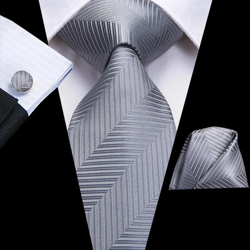 Hi-Tie Essential Dark Grey Striped Necktie Pocket Square Cufflinks Set