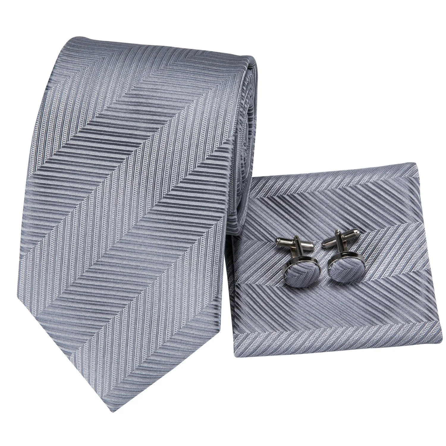 Hi-Tie Essential Dark Grey Striped Necktie Pocket Square Cufflinks Set