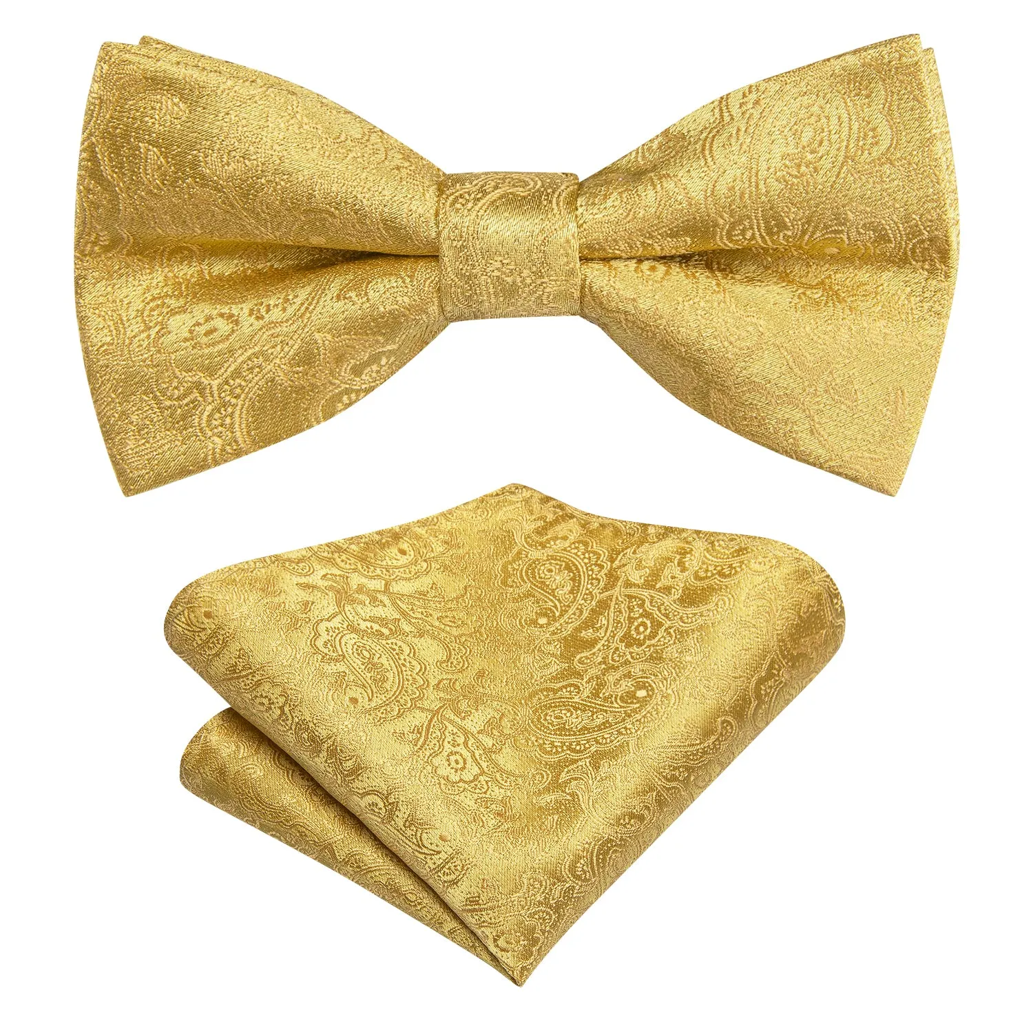 Hi-Tie Gold Paisley Children Kids Bow Tie Pocket Square Cufflinks Set