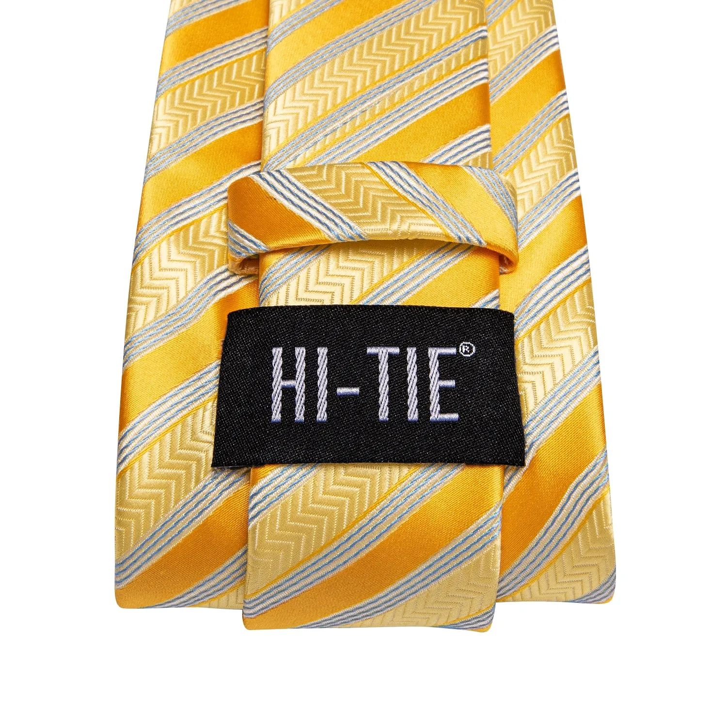 Hi-Tie Gold Tie Yellow Silver Striped Tie Pocket Square Cufflinks Set