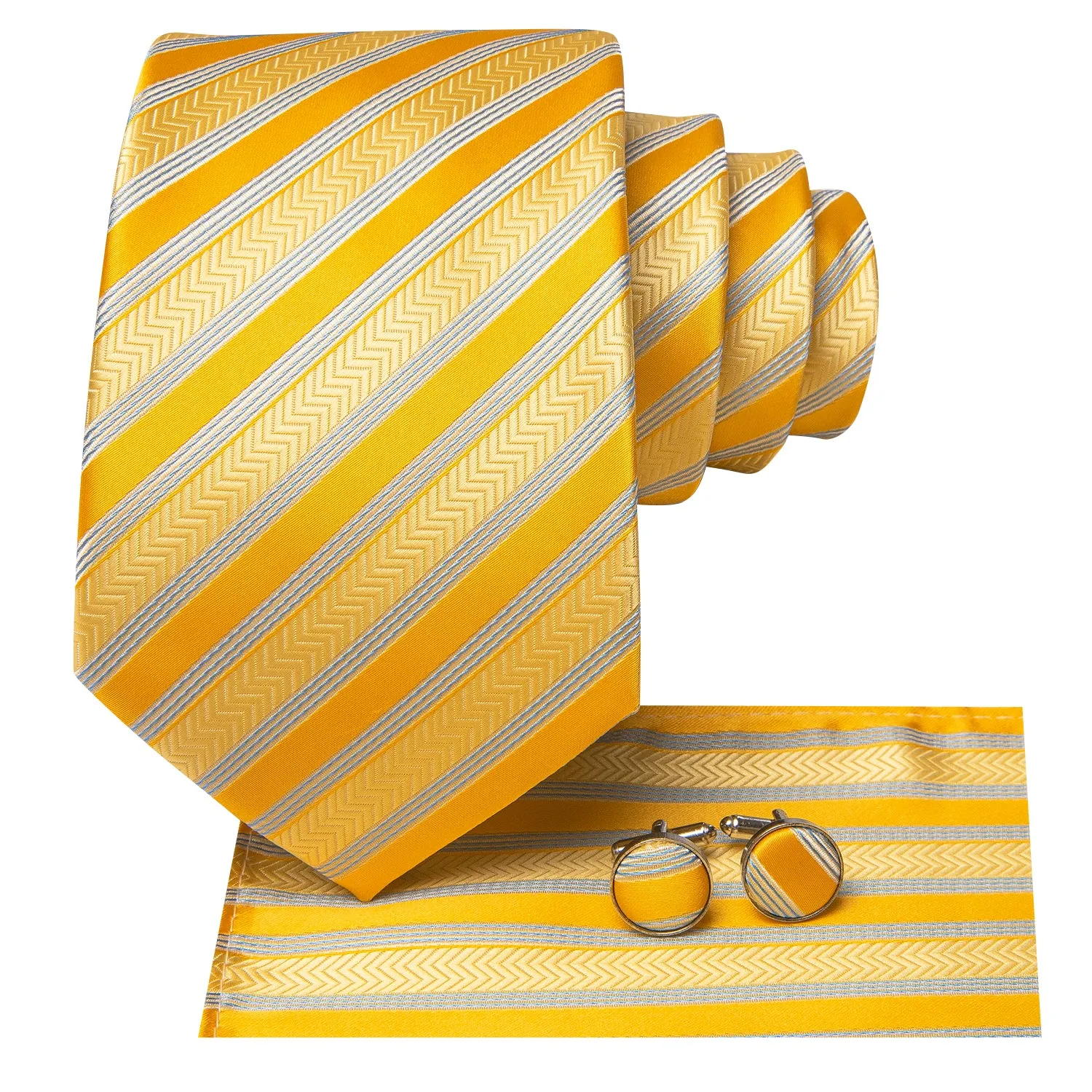 Hi-Tie Gold Tie Yellow Silver Striped Tie Pocket Square Cufflinks Set