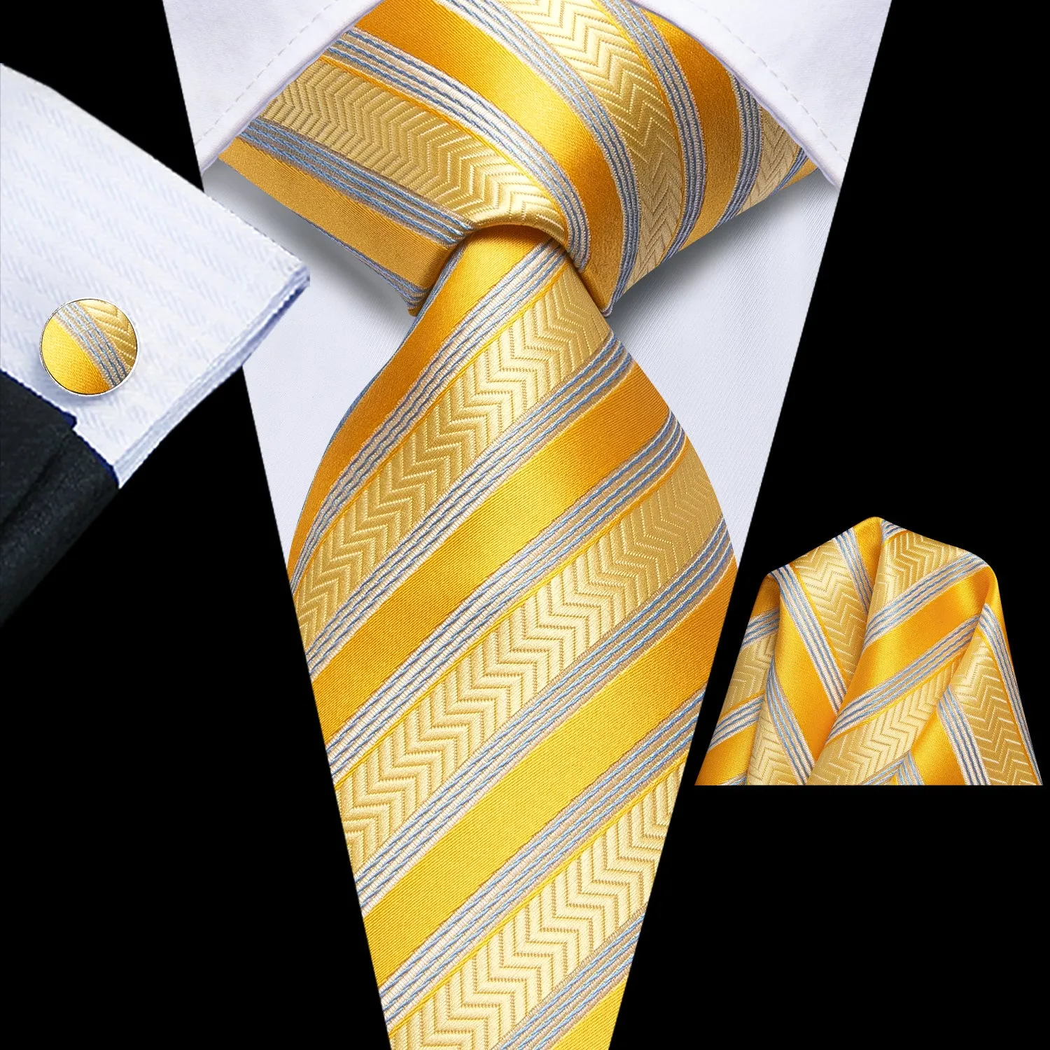 Hi-Tie Gold Tie Yellow Silver Striped Tie Pocket Square Cufflinks Set