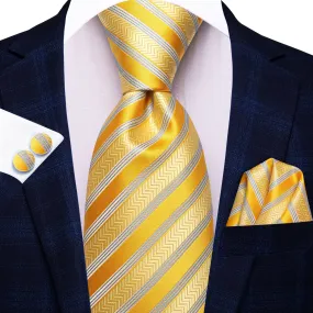 Hi-Tie Gold Tie Yellow Silver Striped Tie Pocket Square Cufflinks Set