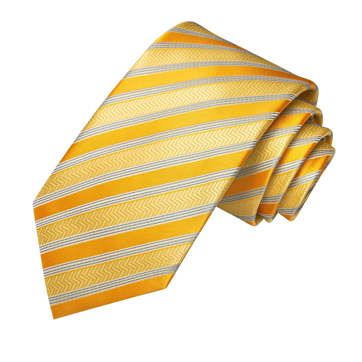 Hi-Tie Gold Tie Yellow Silver Striped Tie Pocket Square Cufflinks Set