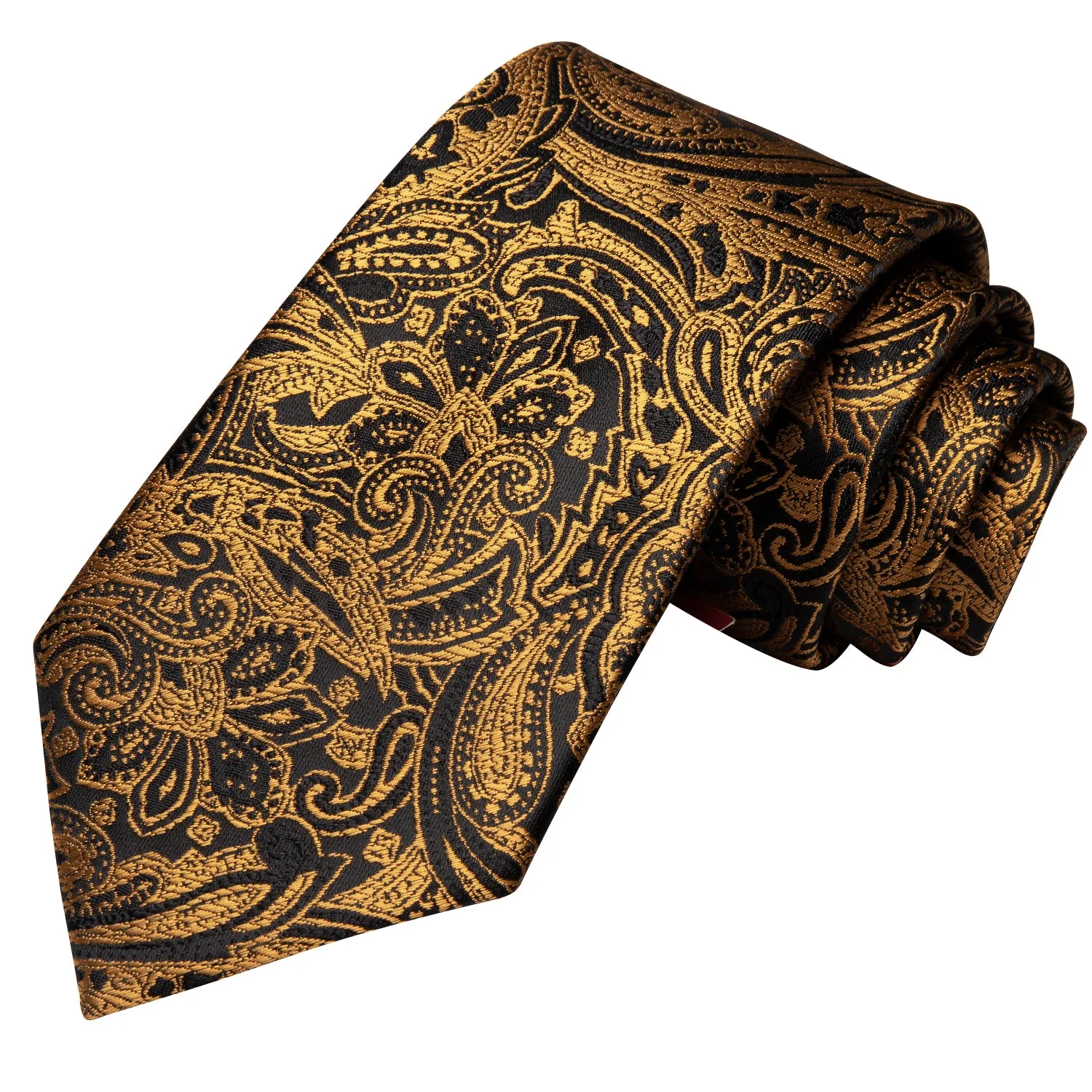 Hi-Tie Golden Black Men's Floral Neck Tie Pocket Square Cufflinks Set