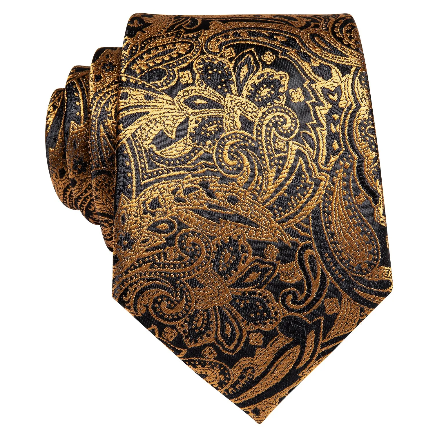 Hi-Tie Golden Black Men's Floral Neck Tie Pocket Square Cufflinks Set