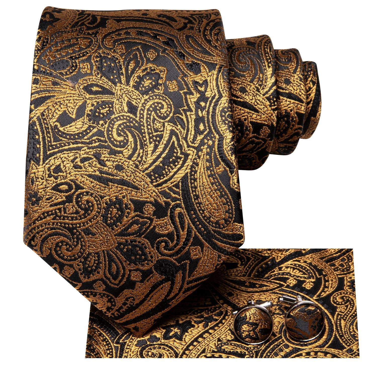 Hi-Tie Golden Black Men's Floral Neck Tie Pocket Square Cufflinks Set