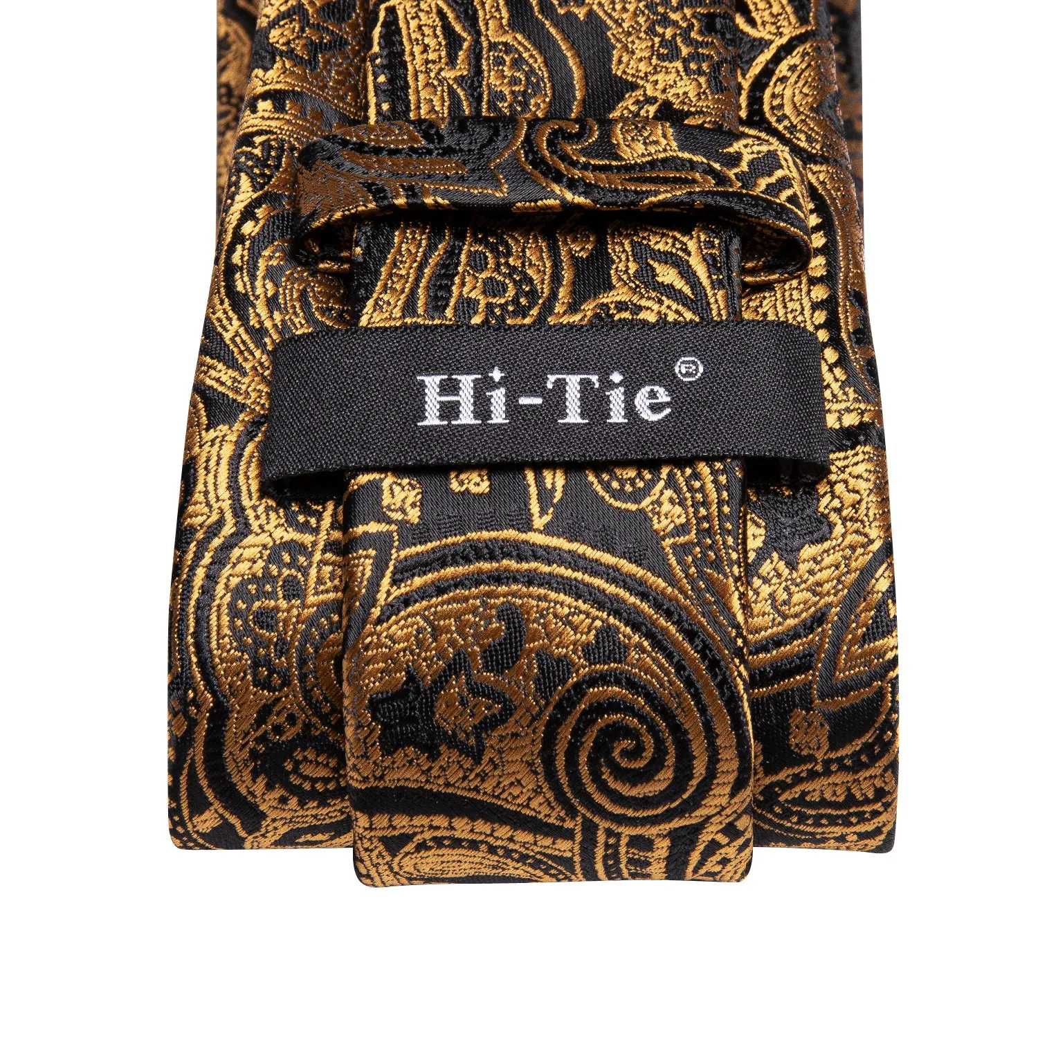 Hi-Tie Golden Black Men's Floral Neck Tie Pocket Square Cufflinks Set