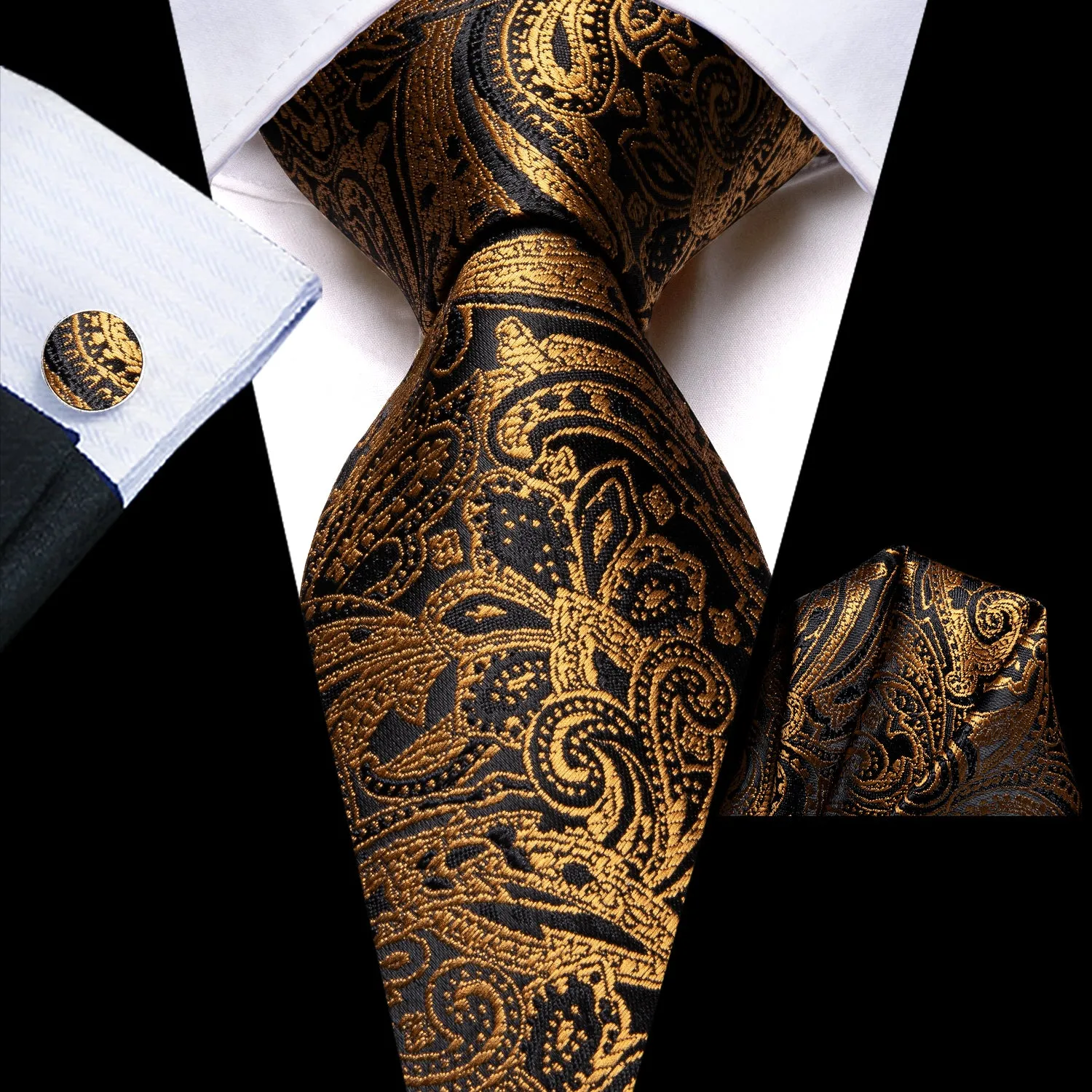 Hi-Tie Golden Black Men's Floral Neck Tie Pocket Square Cufflinks Set