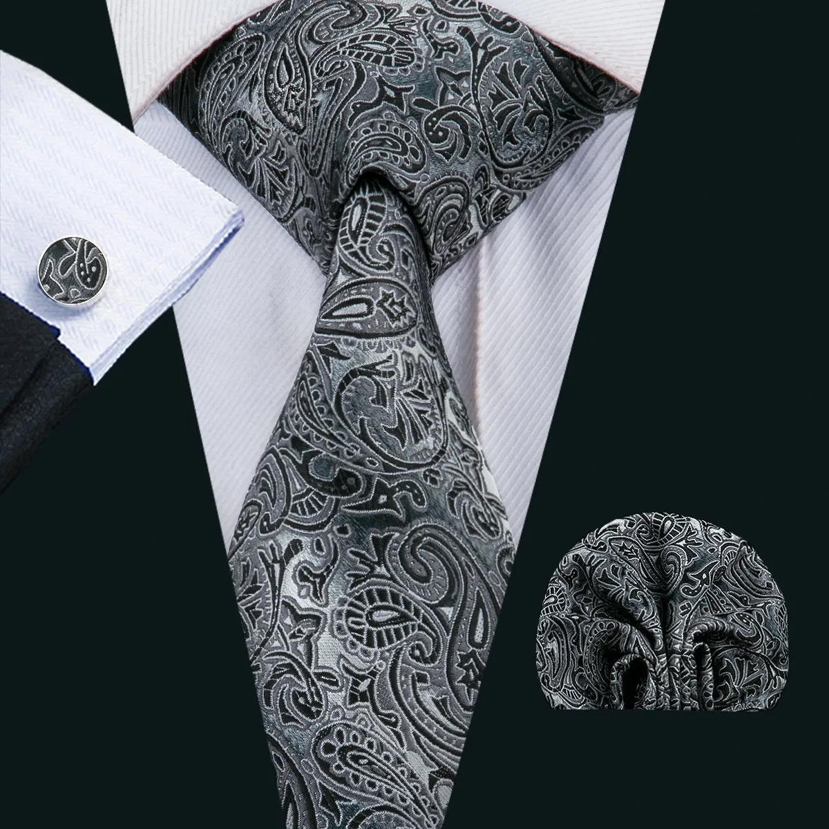 Hi-Tie Grey Black Paisley 63 Inches Extra Long Tie Hanky Cufflinks Set