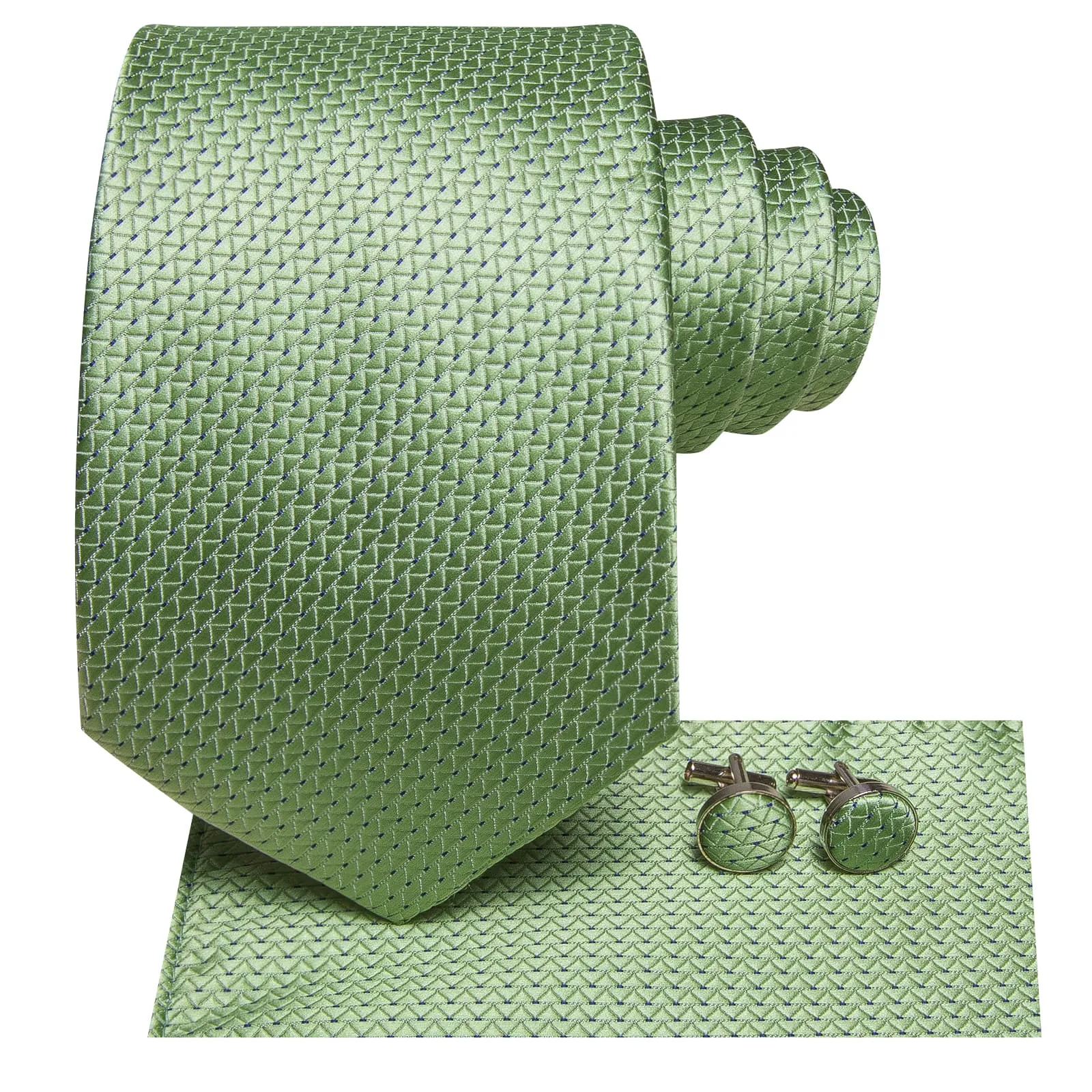 Hi-Tie Light Green Necktie Asparagus Geometric Tie Hanky Cufflinks Set