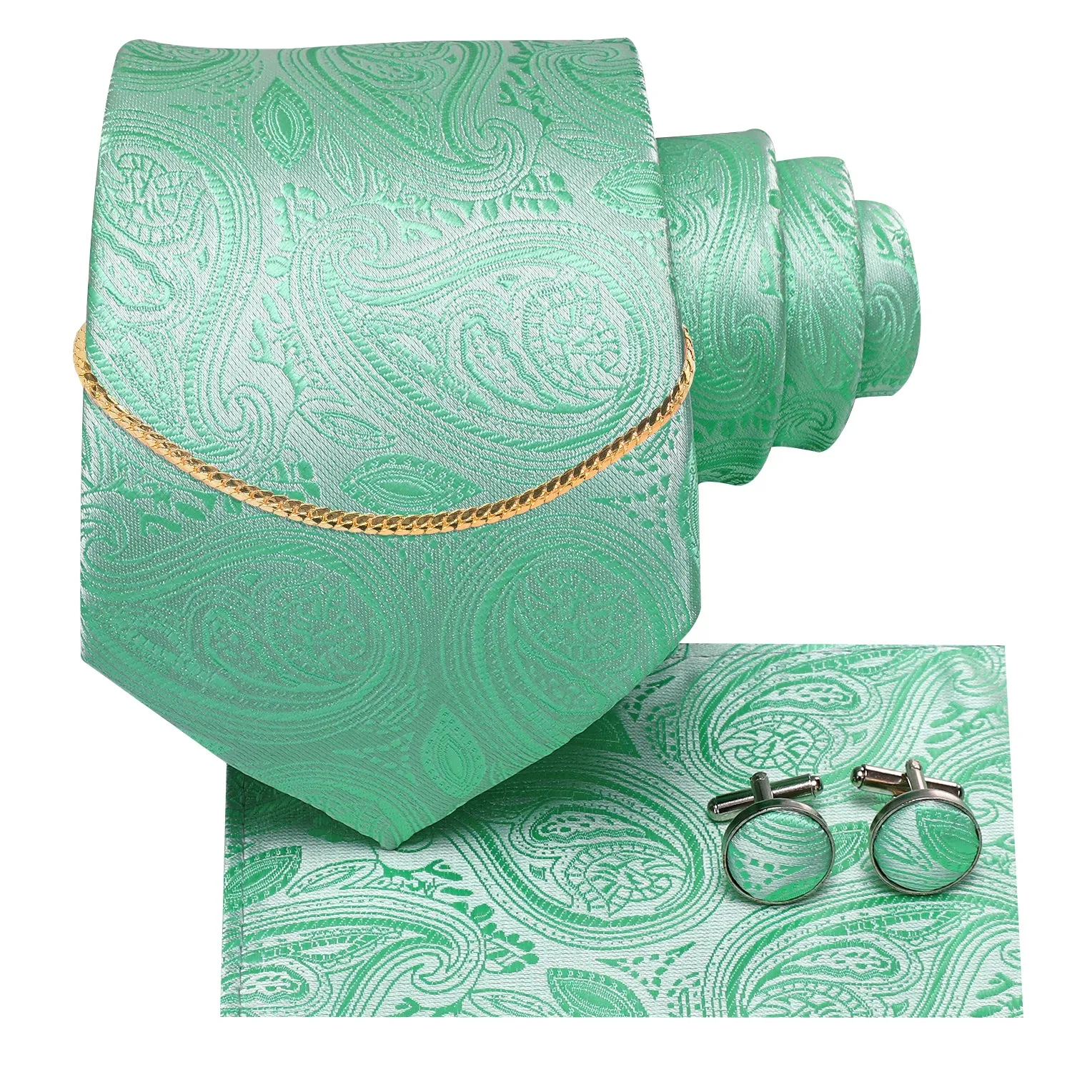 Hi-Tie Light Green Paisley Tie Hanky Cufflinks Set With Golden Chain