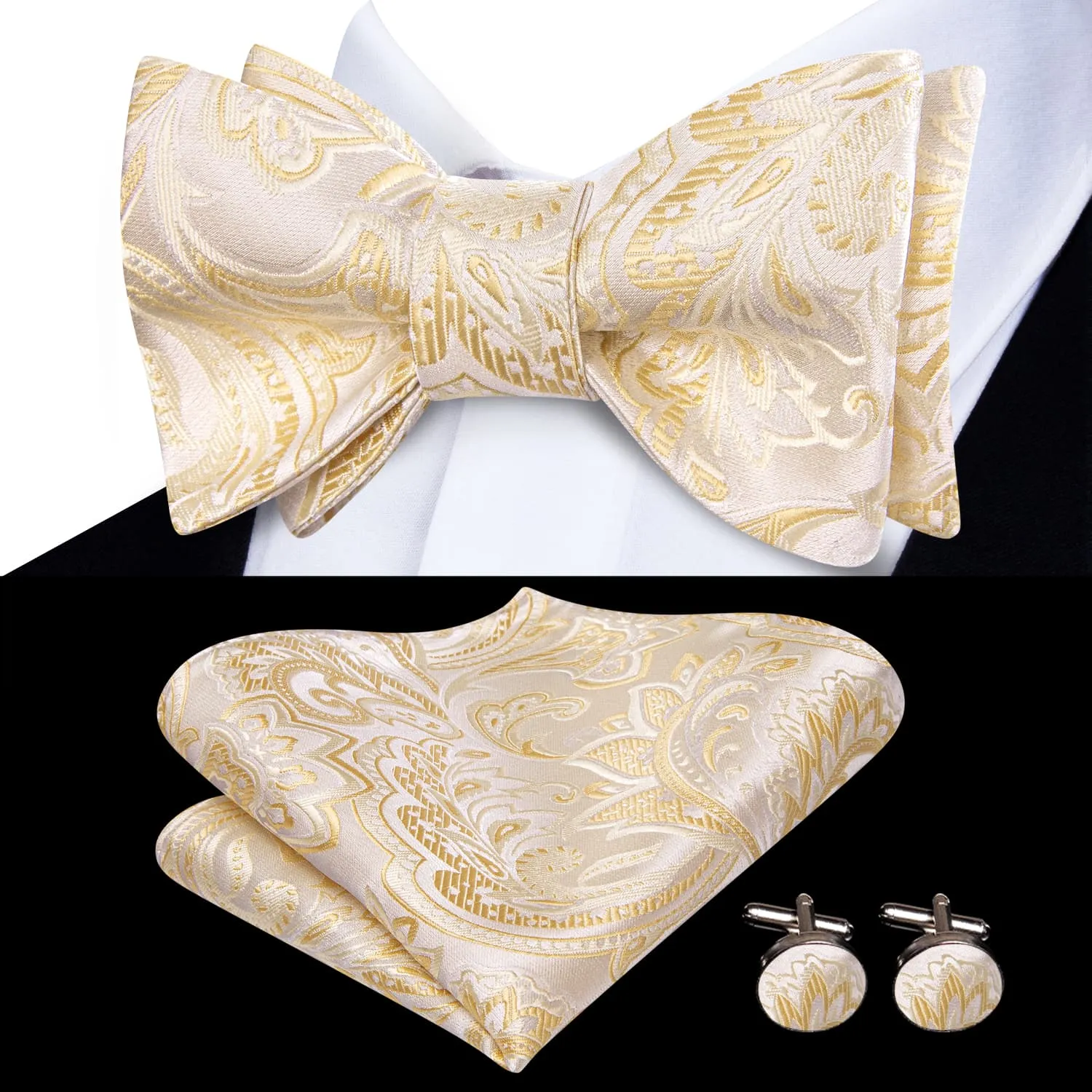 Hi-Tie LightYellow Bowtie Wheat Floral Men's Wedding Bowtie Set Formal