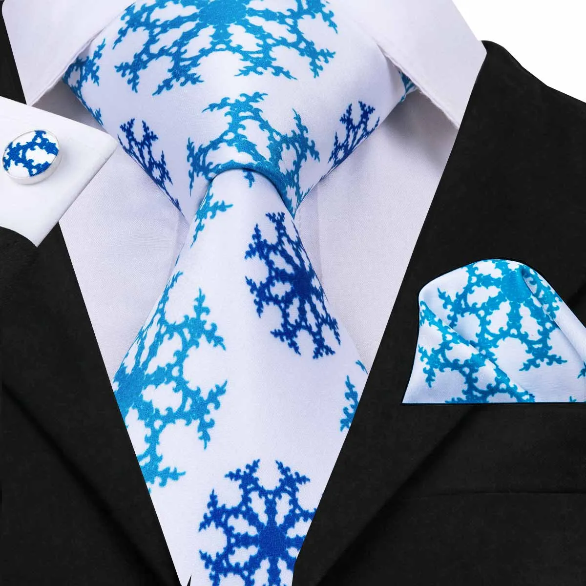 Hi-Tie Men's White Tie Blue SnowFlake Tie Pocket Square Cufflinks Set