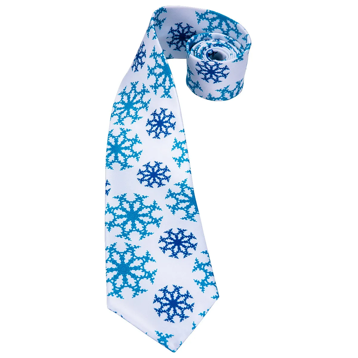 Hi-Tie Men's White Tie Blue SnowFlake Tie Pocket Square Cufflinks Set