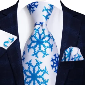 Hi-Tie Men's White Tie Blue SnowFlake Tie Pocket Square Cufflinks Set