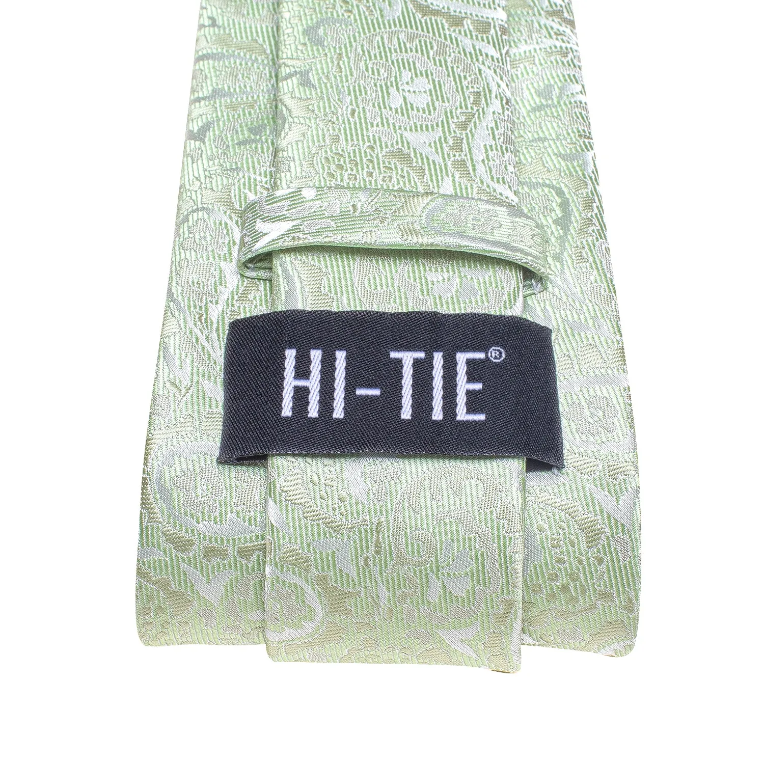 Hi-Tie Mint Green Paisley Silk Men Necktie Pocket Square Cufflinks Set