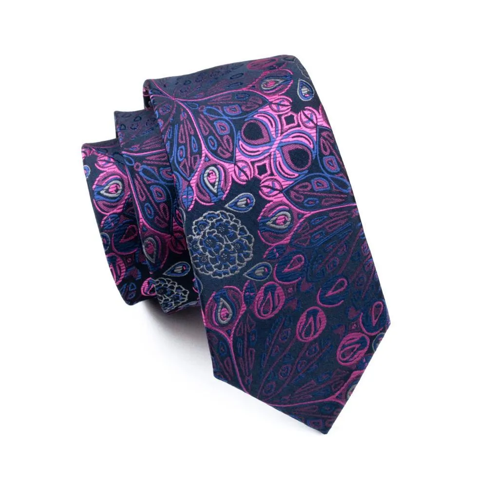 Hi-Tie Navy Blue Pink Paisley Silk Men Tie Pocket Square Cufflinks Set