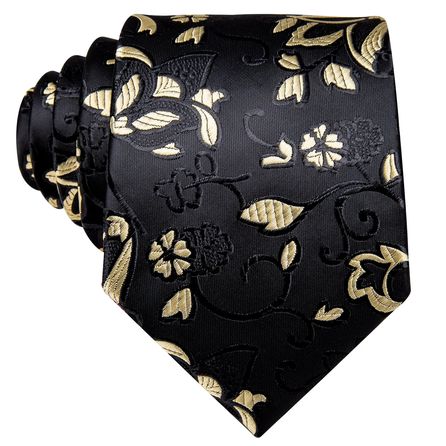 Hi-Tie Necktie Black Yellow Floral Tie Pocket Square Cufflinks Set