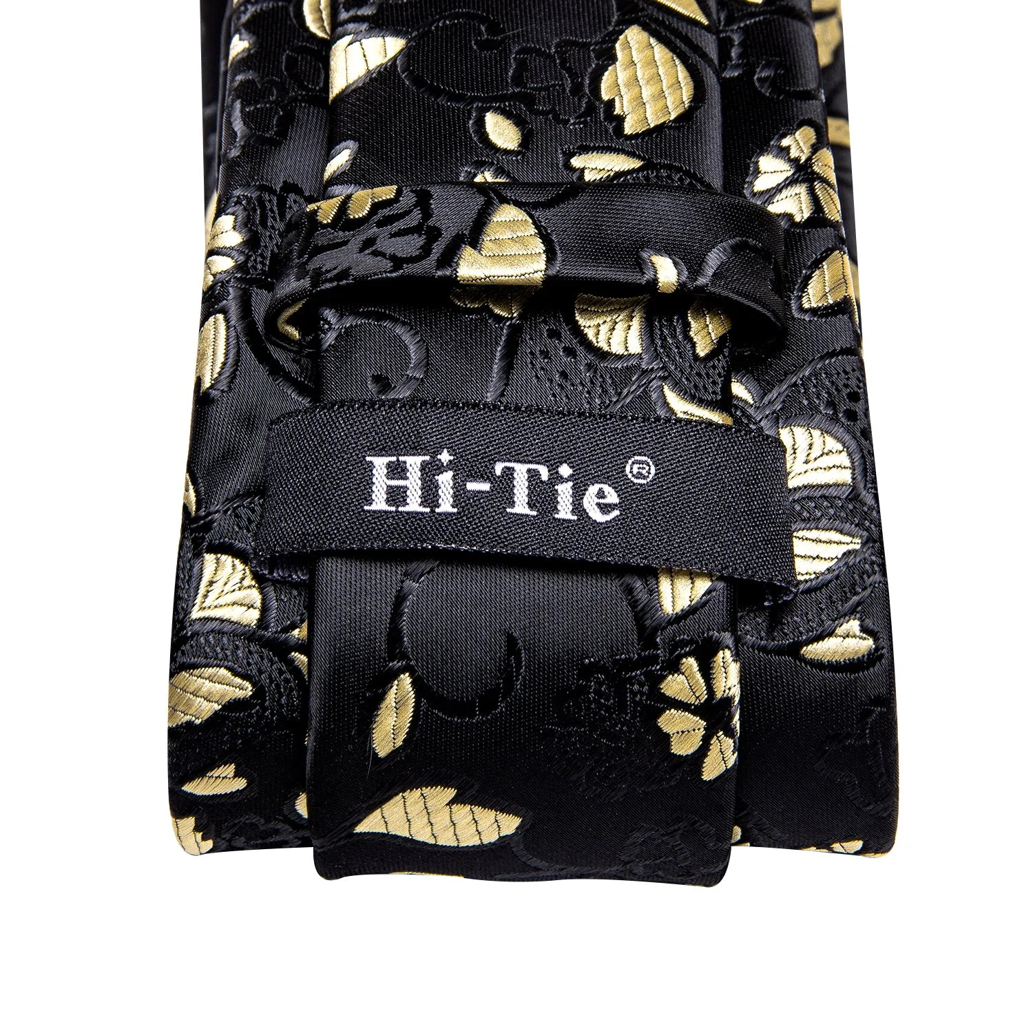 Hi-Tie Necktie Black Yellow Floral Tie Pocket Square Cufflinks Set