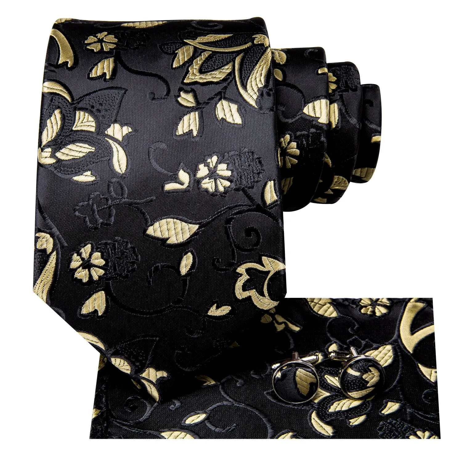 Hi-Tie Necktie Black Yellow Floral Tie Pocket Square Cufflinks Set