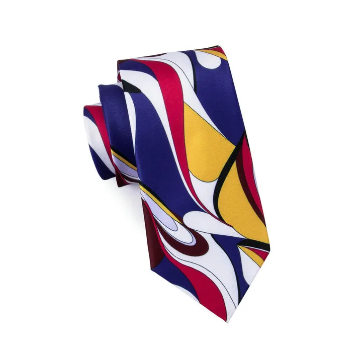 Hi-Tie Novelty Ties Red Yellow Blue Silk Men's Tie Hanky Cufflinks Set