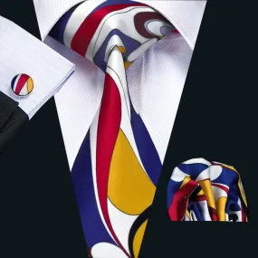 Hi-Tie Novelty Ties Red Yellow Blue Silk Men's Tie Hanky Cufflinks Set