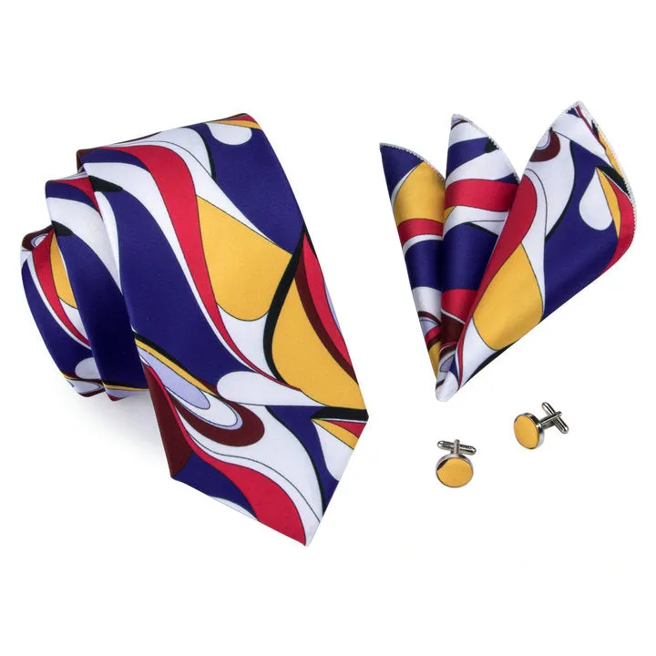 Hi-Tie Novelty Ties Red Yellow Blue Silk Men's Tie Hanky Cufflinks Set