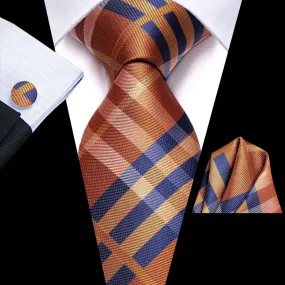 Hi-Tie Orange Blue Stripe 67 Inches Extra Long Tie Hanky Cufflinks Set