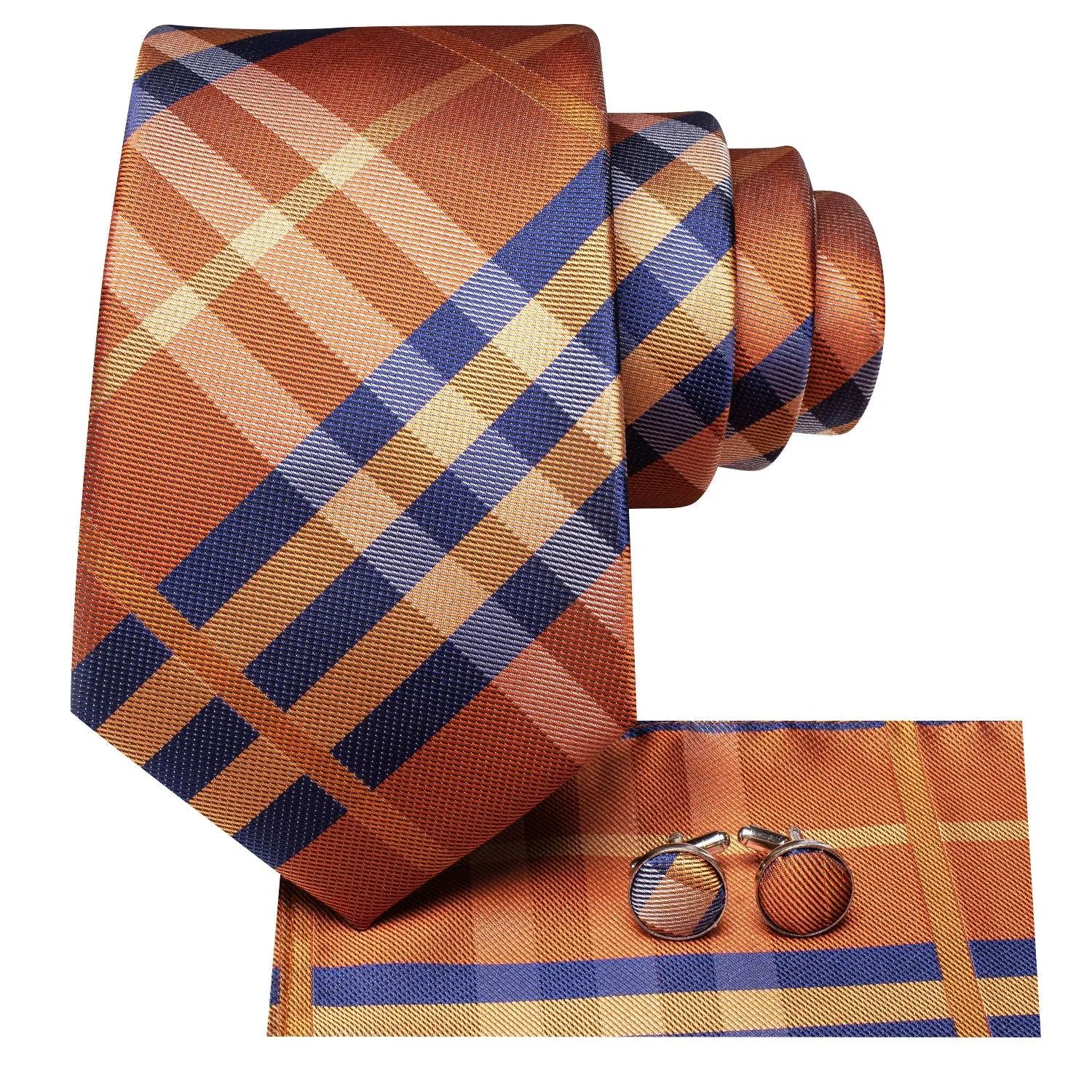 Hi-Tie Orange Blue Stripe 67 Inches Extra Long Tie Hanky Cufflinks Set