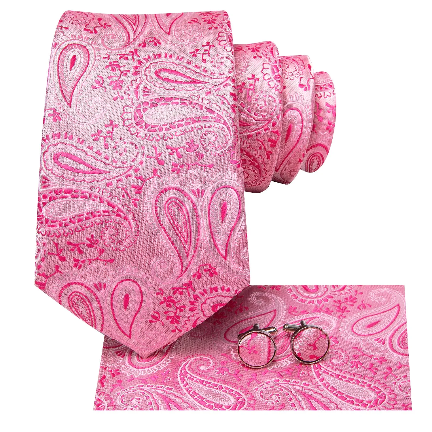 Hi-Tie Pink Paisley 67 Inch Extra Long Tie Handkerchief Cufflinks Set