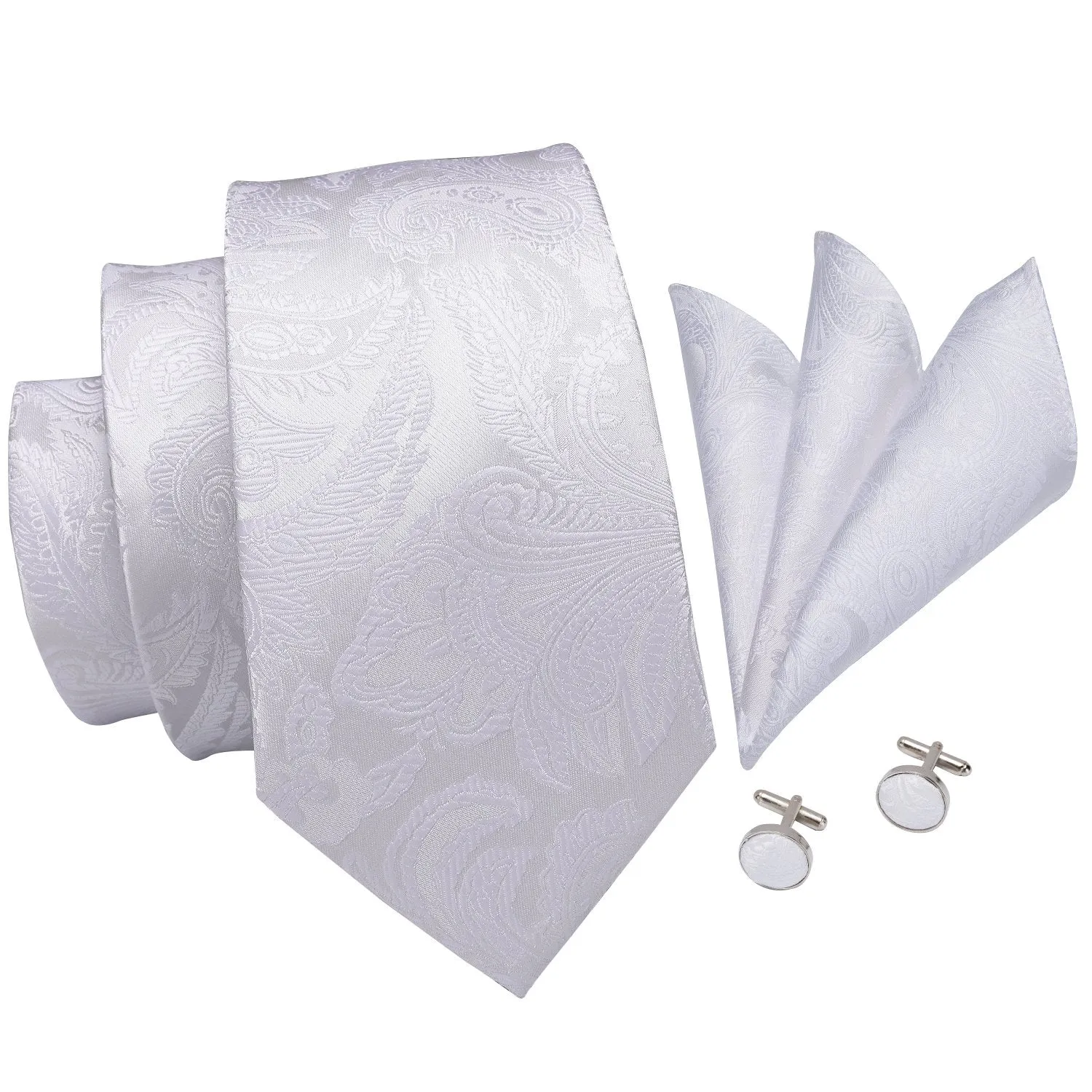 Hi-Tie Pure White Paisley Men's Necktie Pocket Square Cufflinks Set