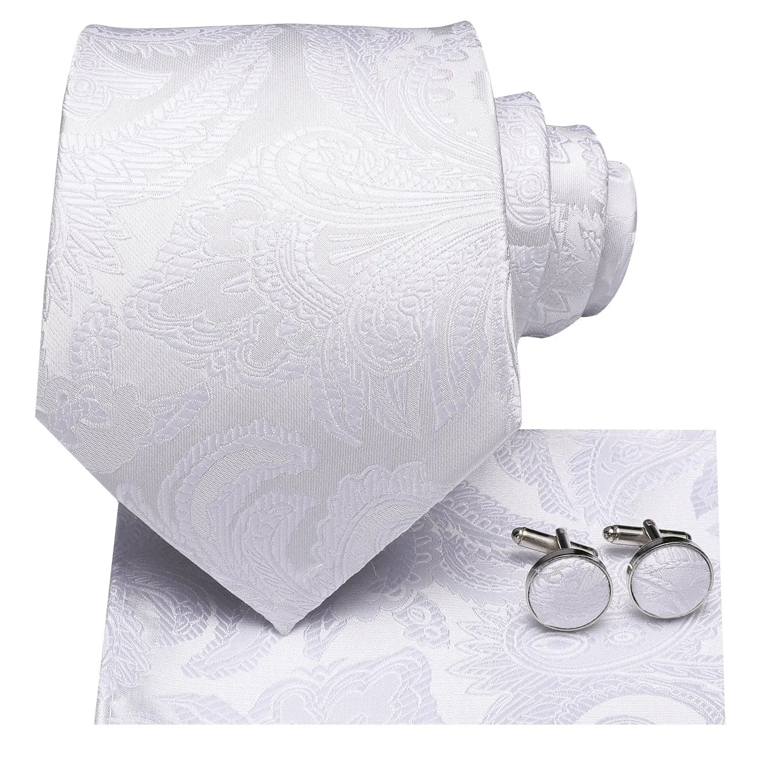 Hi-Tie Pure White Paisley Men's Necktie Pocket Square Cufflinks Set