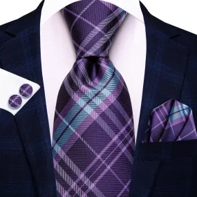 Hi-Tie Purple Necktie Sky Blue Stripes Checkered Tie Hanky Cufflinks