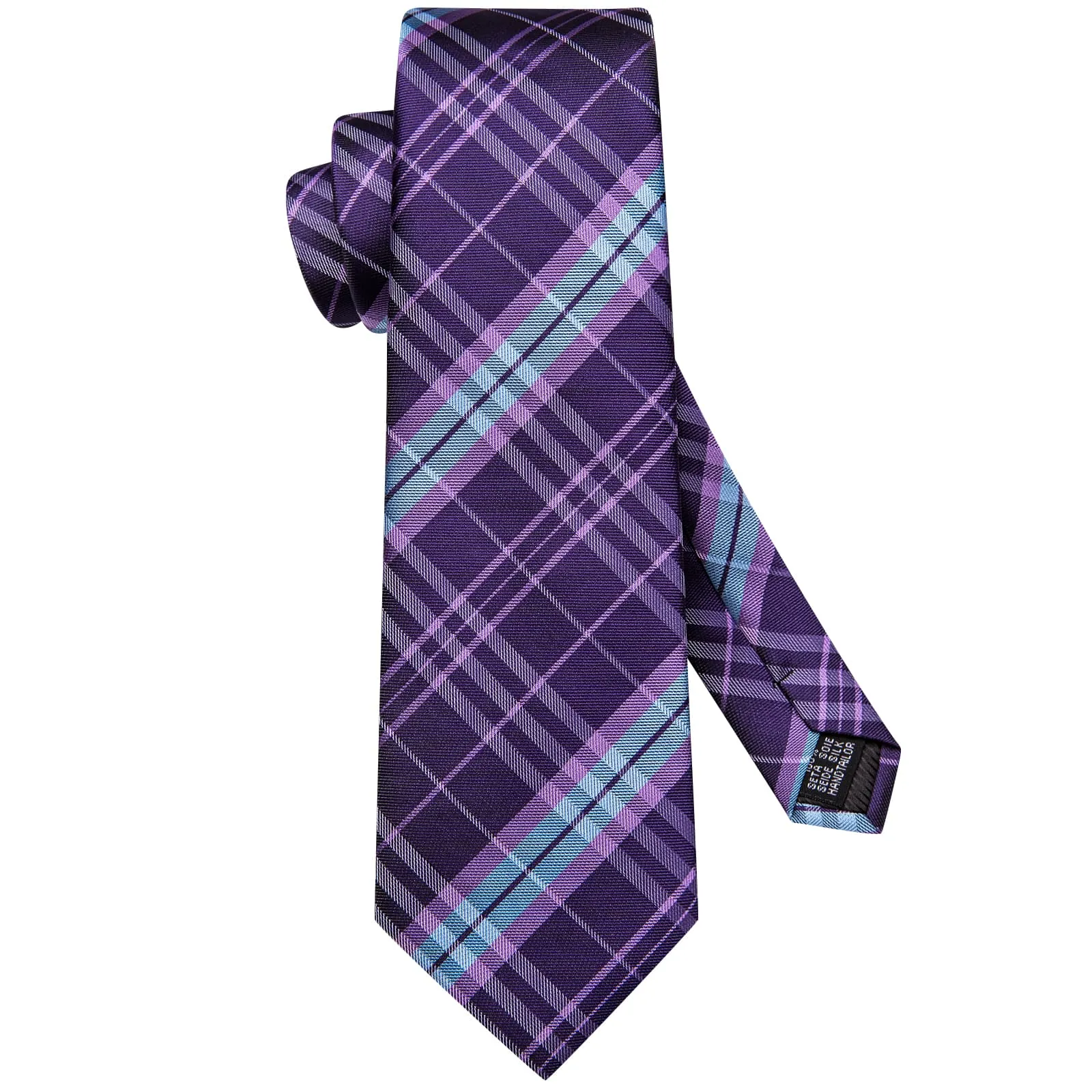 Hi-Tie Purple Necktie Sky Blue Stripes Checkered Tie Hanky Cufflinks