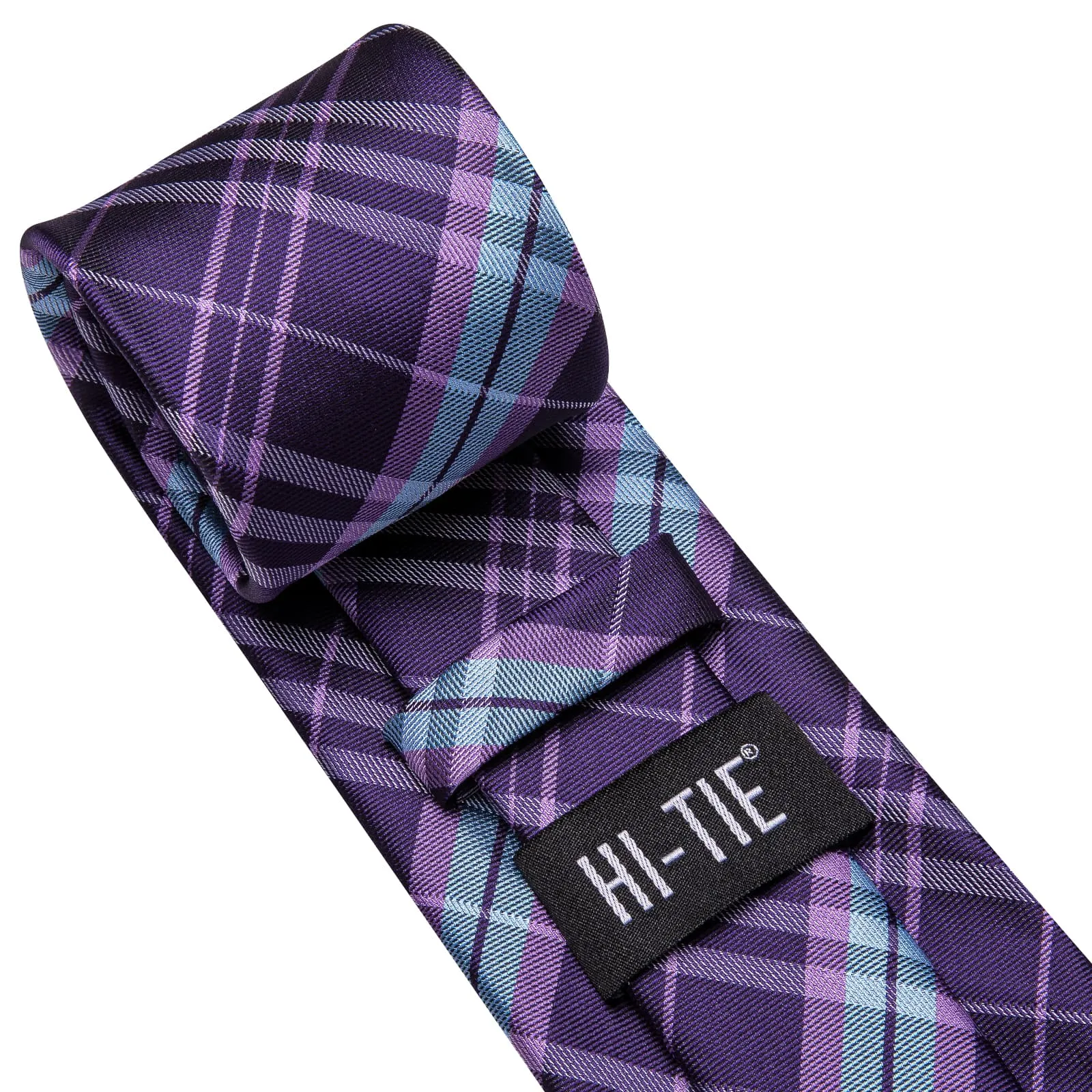 Hi-Tie Purple Necktie Sky Blue Stripes Checkered Tie Hanky Cufflinks