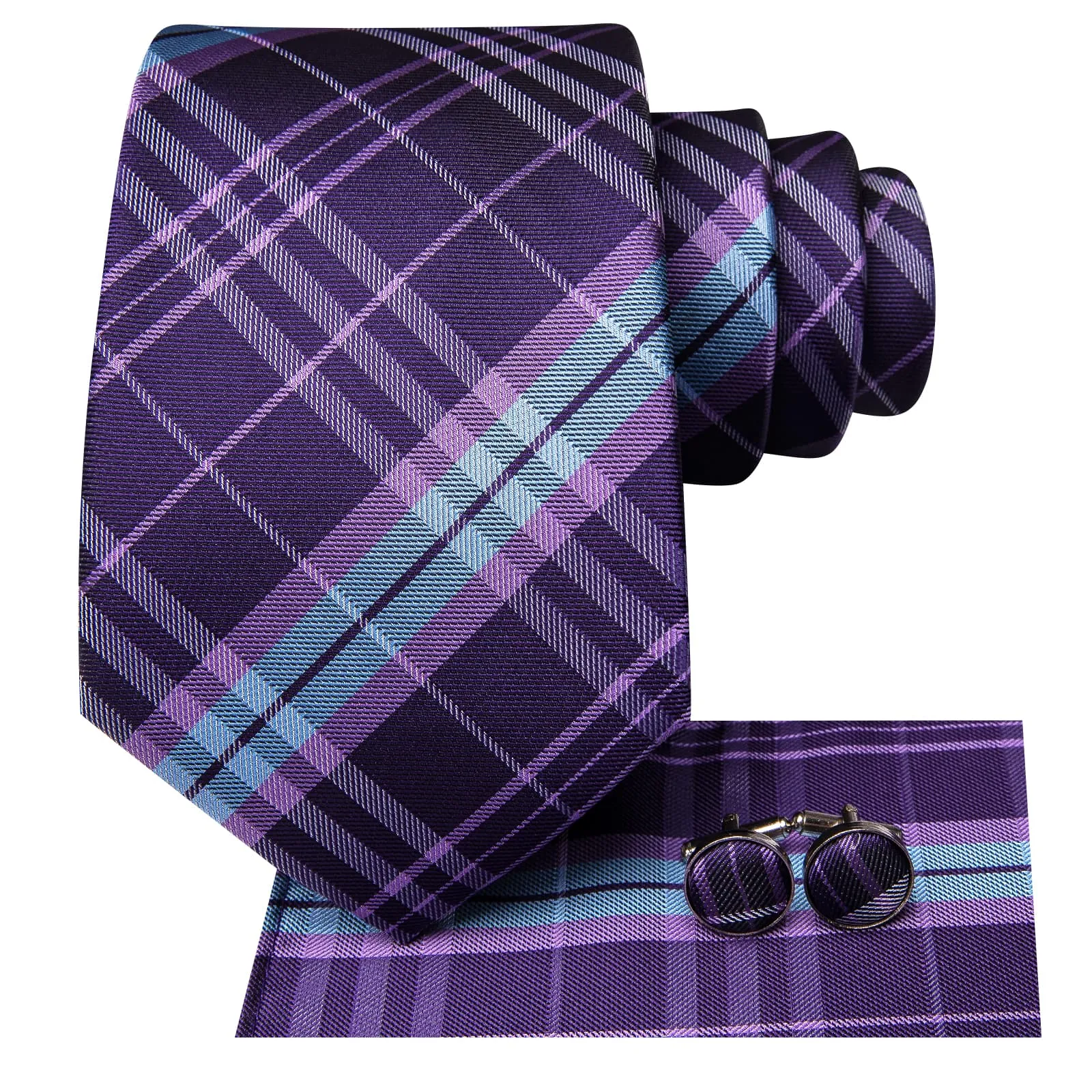 Hi-Tie Purple Necktie Sky Blue Stripes Checkered Tie Hanky Cufflinks