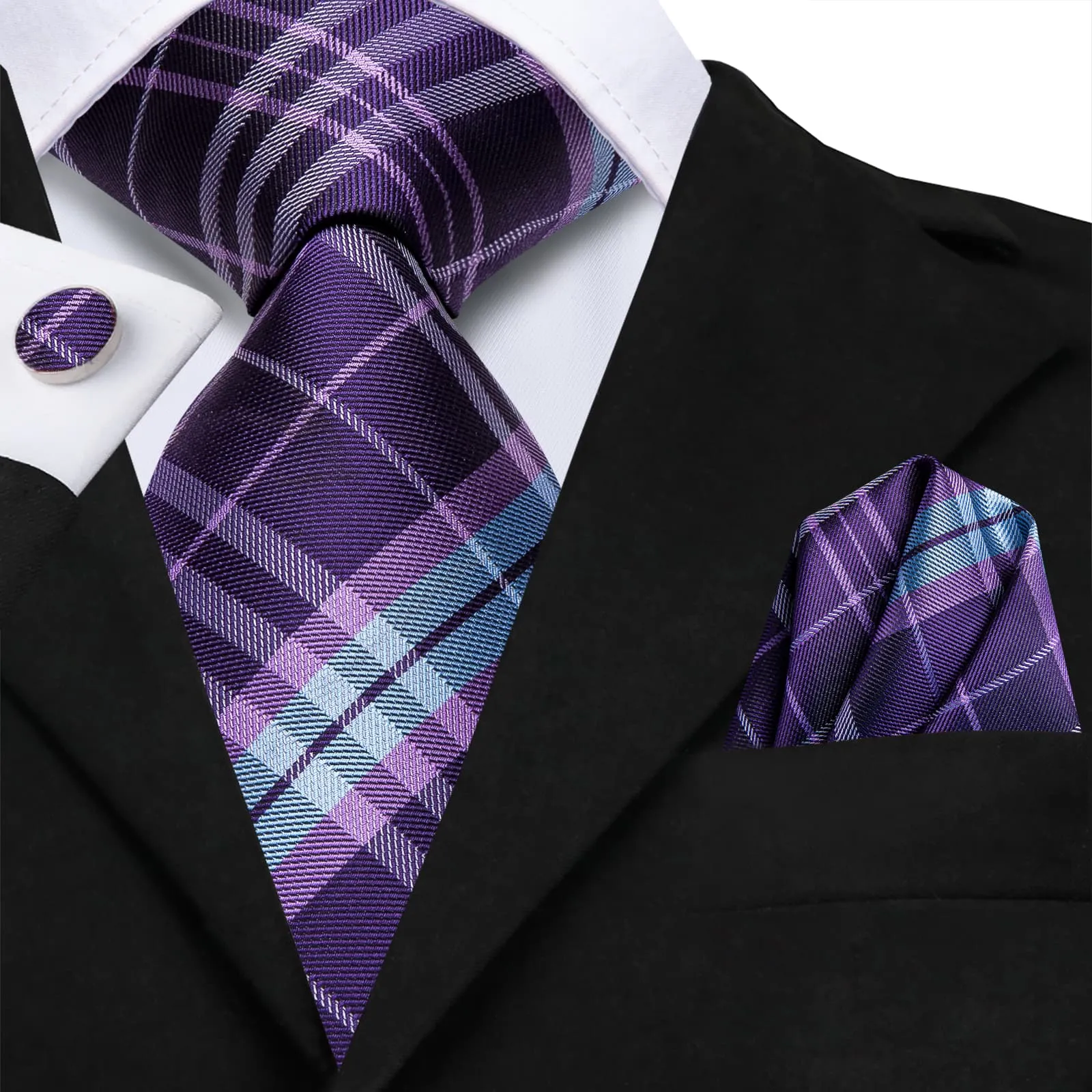 Hi-Tie Purple Necktie Sky Blue Stripes Checkered Tie Hanky Cufflinks