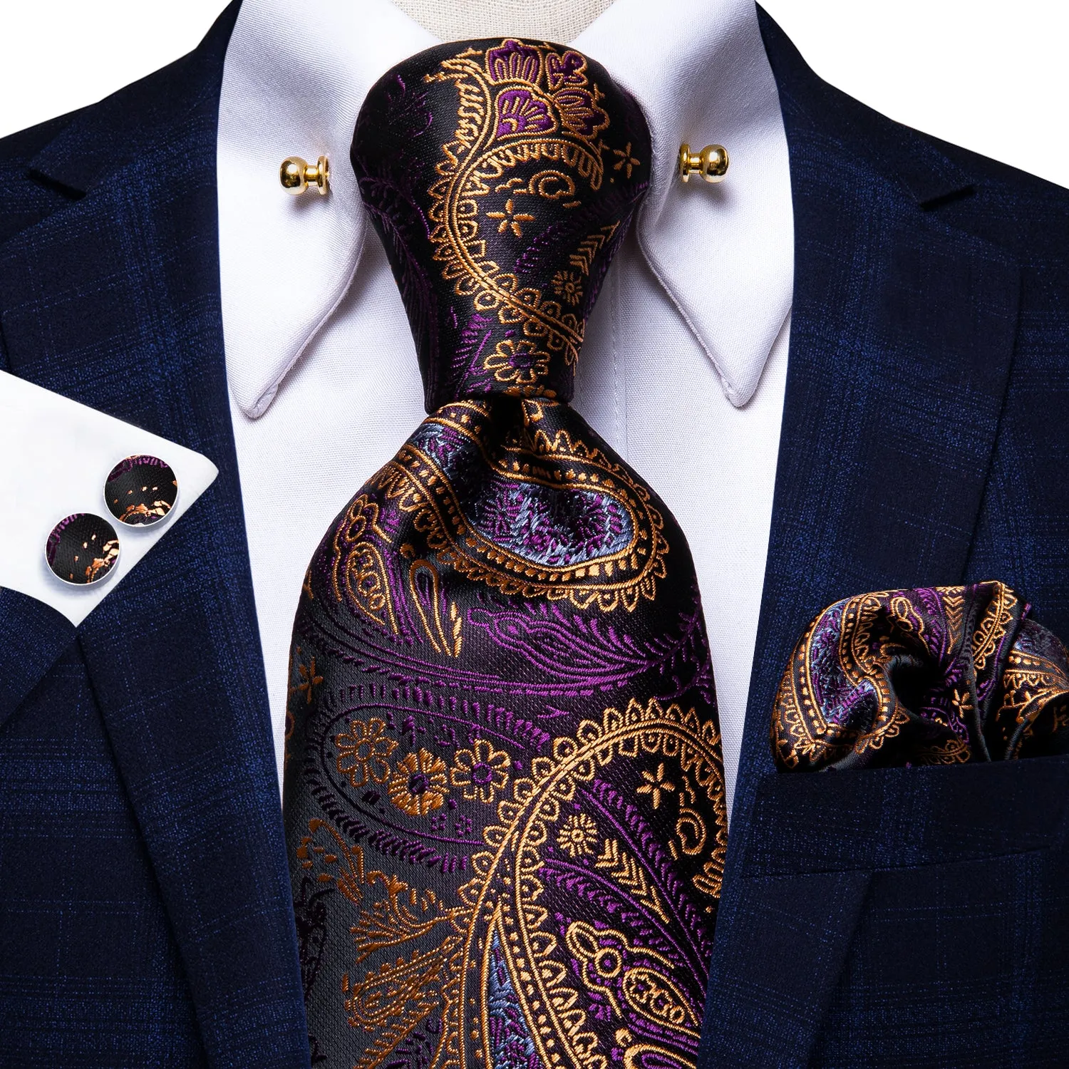 Hi-Tie Purple Paisley Silk Men's Tie Hanky Cufflinks Set Collar Pin