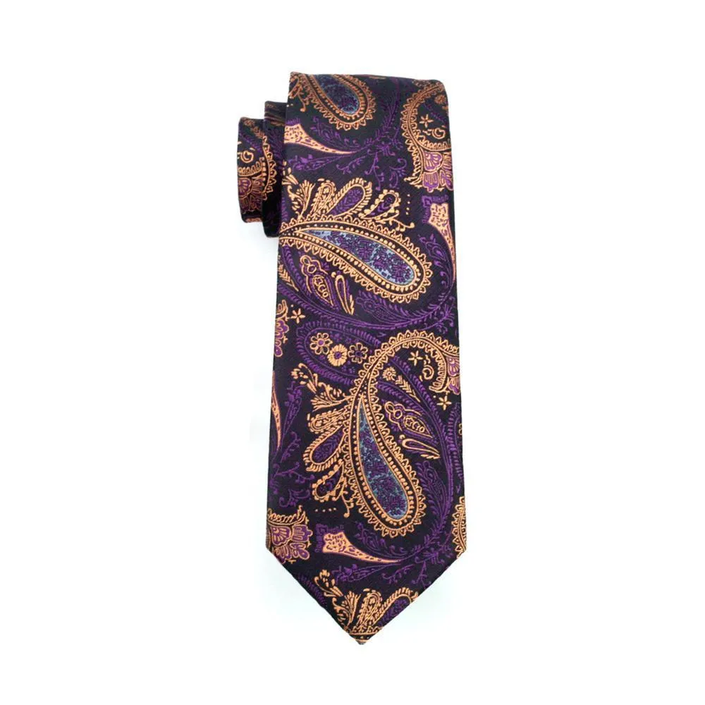 Hi-Tie Purple Paisley Silk Men's Tie Hanky Cufflinks Set Collar Pin