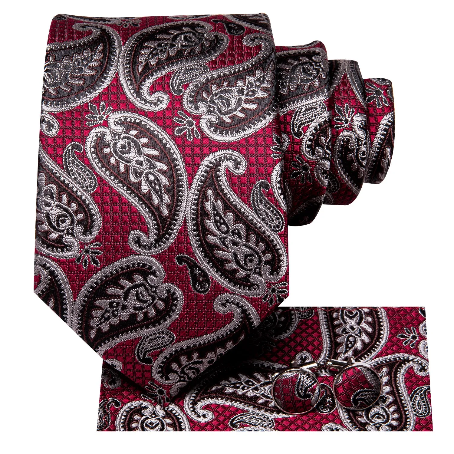 Hi-Tie Red Brown Paisley Tie Pocket Square Cufflinks Set