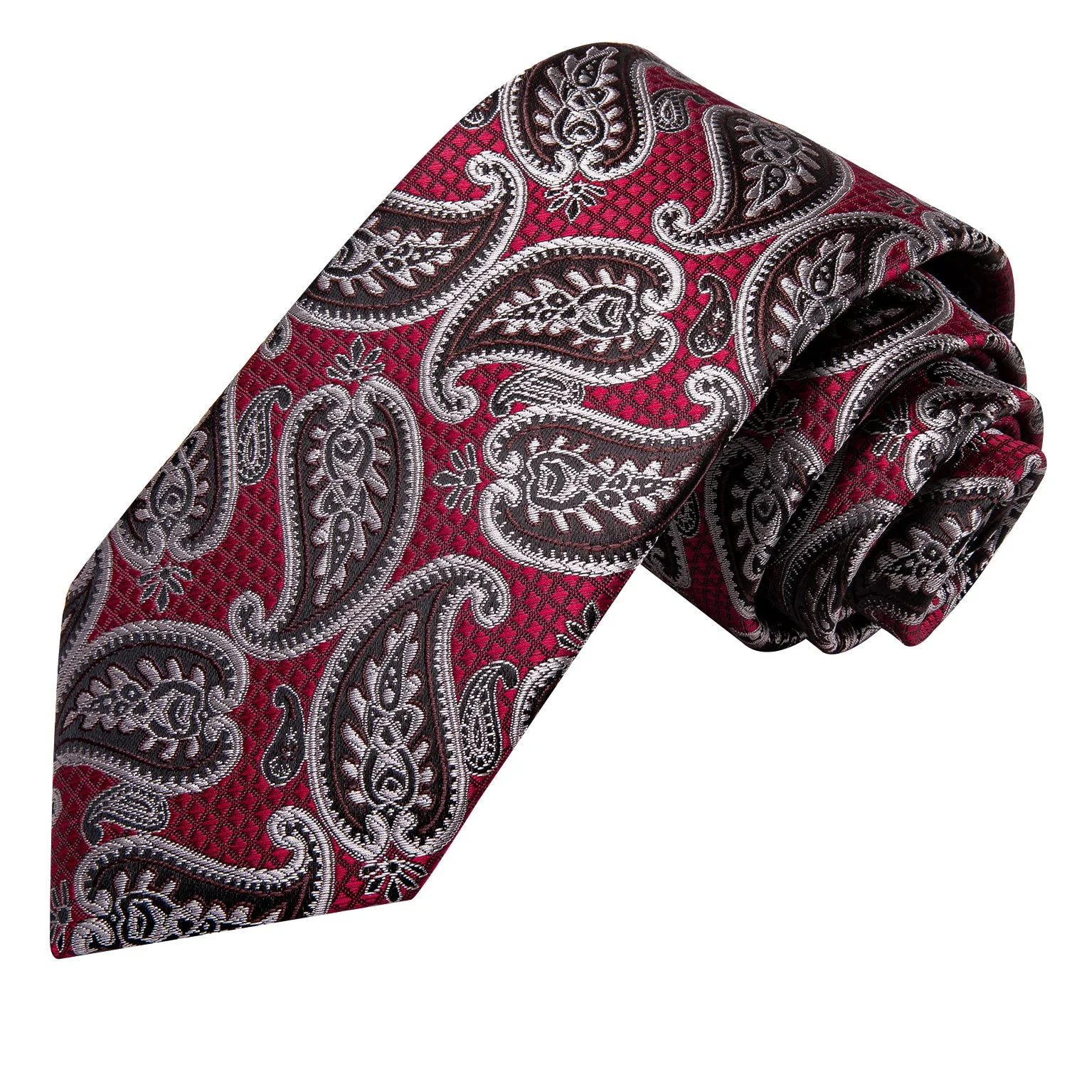 Hi-Tie Red Brown Paisley Tie Pocket Square Cufflinks Set