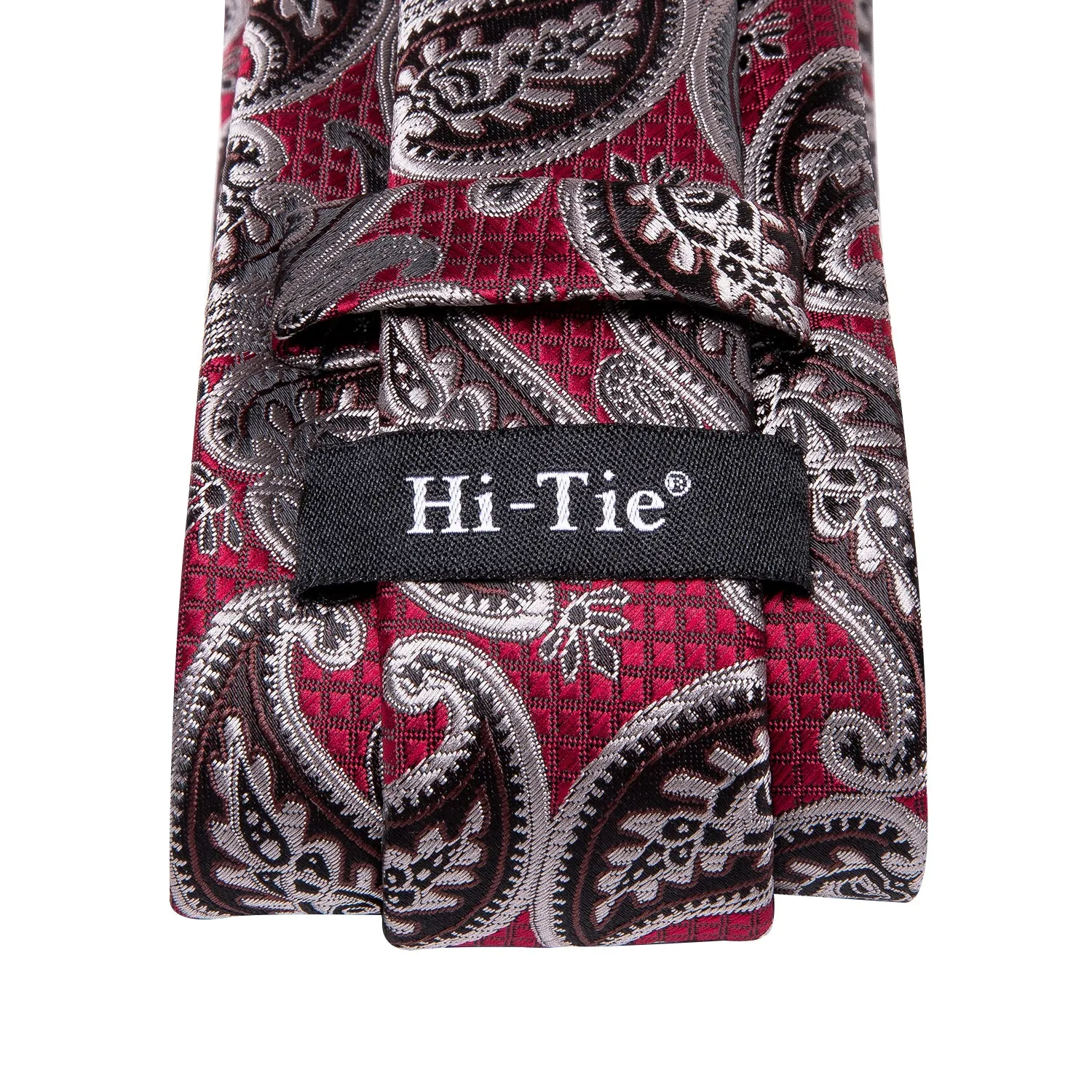 Hi-Tie Red Brown Paisley Tie Pocket Square Cufflinks Set