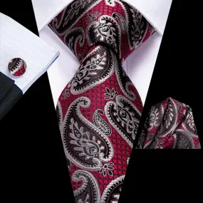 Hi-Tie Red Brown Paisley Tie Pocket Square Cufflinks Set