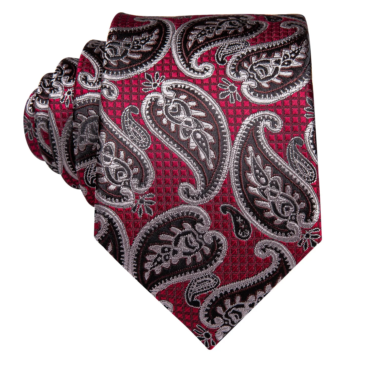 Hi-Tie Red Brown Paisley Tie Pocket Square Cufflinks Set