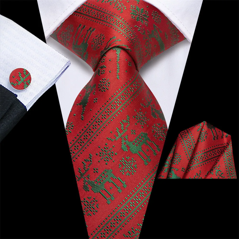 Hi-Tie Red Green Striped Deer Snow Christmas Designer Silk Necktie Set