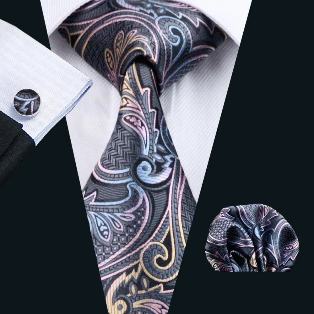 Hi-Tie Silver Grey Paisley Silk Men's Tie Pocket Square Cufflinks Set